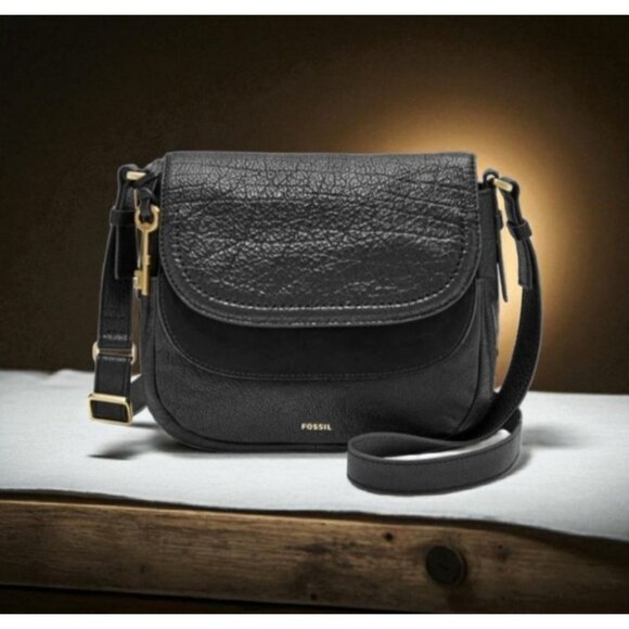 Fossil Peyton Double Flap Crossbody Small Black Leather Handbag - Picture 16 of 16